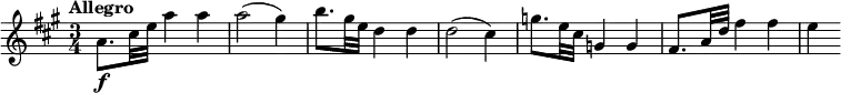 
\relative c'' {
  \override Score.NonMusicalPaperColumn #'line-break-permission = ##f
  \version "2.18.2"
  \tempo "Allegro"
  \key a \major
  \time 3/4
  a8.\f cis32 e a4 a |
  a2( gis4) |
  b8. gis32 e d4 d |
  d2( cis4) |
  g'8. e32 cis g4 g |
  fis8. a32 d fis4 fis |
  e4
}
