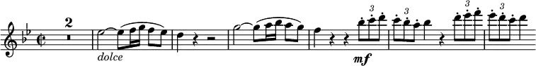  {
\relative es'' { \key bes \major \time 2/2 \compressEmptyMeasures
R1*2 | es2~ _\markup { \italic "dolce" } es8( f16 g f8[ es]) | d4 r r2
g2~ g8( a16 bes a8[ g]) | f4 r r \tupletUp \times 2/3 { bes8-. \mf c-. d-. }
\times 2/3 { c8-. bes-. a-. } bes4 r \times 2/3 { d8-. es-. f-. } | \times 2/3 { es8-. d-. c-. } d4 }
}