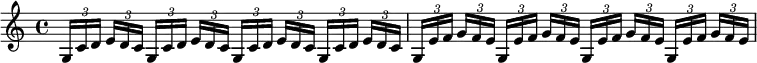 {
  \clef violin \key c \major \time 4/4 \tempo 4 = 40
  \set Score.tempoHideNote = ##t
  \autoBeamOff
  \tuplet 3/2 { g16[ c' d'] } \tuplet 3/2 { e'[ d' c'] } \tuplet 3/2 { g[ c' d'] } \tuplet 3/2 { e'[ d' c'] } \tuplet 3/2 { g[ c' d'] } \tuplet 3/2 { e'[ d' c'] } \tuplet 3/2 { g[ c' d'] } \tuplet 3/2 { e'[ d' c'] }
  \tuplet 3/2 { g16[ e' f'] } \tuplet 3/2 { g'[ f' e'] } \tuplet 3/2 { g[ e' f'] } \tuplet 3/2 { g'[ f' e'] } \tuplet 3/2 { g[ e' f'] } \tuplet 3/2 { g'[ f' e'] } \tuplet 3/2 { g[ e' f'] } \tuplet 3/2 { g'[ f' e'] }
}