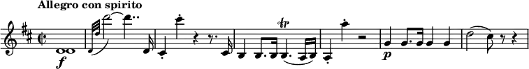 
\relative c' {
  \override Score.NonMusicalPaperColumn #'line-break-permission = ##f
  \version "2.18.2"
  \tempo "Allegro con spirito"
  \key d \major
  \time 2/2
  \tempo 4 = 120
  <<
    { d1\f | } \\
    { d1 | }
  >>
  \appoggiatura { d32[ d'] } d'2~ d4.. d,,16 |
  cis4-. cis''-. r r8. cis,,16 |
  b4 b8. b16 b4.\trill( a16 b) |
  a4-. a''-. r2 |
  g,4\p g8. g16 g4 g |
  d'2( cis8) r r4
}
