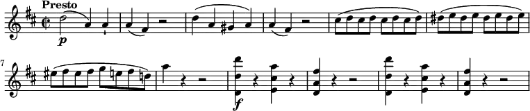 
 \relative c'' {
    \version "2.18.2"
    \key d \major
    \tempo "Presto"
    \time 2/2
   \tempo 4 = 200
    d2\p (a4) a-!
    a (fis) r2
    d'4 (a gis a)
    a (fis) r2
    cis'8 (d cis d cis d cis d)
    dis8 (e dis e dis e dis e)
    eis8 (fis eis fis g e fis d!)
    a'4 r4 r2
    <d,, d' d'>4\f r4 <e cis' a'> r4
    <d a' fis'> r4 r2
    <d d' d'>4 r4 <e cis' a'> r4
    <d a' fis'> r4 r2
 }
