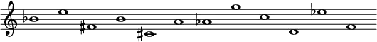 {
  \new Staff \with { \remove "Bar_engraver" \remove "Time_signature_engraver"} {
    bes'1 e'' fis' b' cis' a' as' g'' c'' d' es'' f'
  }
}