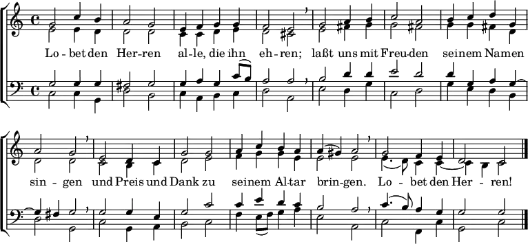 
% Quelle: https://www.johann-crueger.de/praktische-ausgaben/lobet-den-herren-alle-die-ihn-ehren_crueger-1657-58_131_eg-447.pdf
\header { tagline = ##f }
\layout { indent = 0
          \context { \Score \remove "Bar_number_engraver" }
          \context { \Voice \remove "Dynamic_engraver" }
}
global = { \key c \major \time 4/4 }
soprano = { \global \set Staff.midiPanPosition = -0.5 \set midiInstrument = "flute"
  g'2 c''4 b'4 | a'2 g'2 | e'4 f'4 g'4 g'4 | f'2 e'2 | \breathe
  g'2 a'4 b'4 | c''2 a'2 | b'4 c''4 d''4 g'4 | a'2 g'2 | \breathe
  e'2 d'4 c'4 | g'2 g'2 | a'4 c''4 b'4 a'4 | a'4 ( gis'4 ) a'2 | \breathe g'2 f'4 e'4 | d'2 c'2 \bar "|."
}
alto = { \global \set Staff.midiPanPosition = 0.5 \set midiInstrument = "oboe"
  e'2 e'4 d'4 | d'2 d'2 | c'4 c'4 d'4 e'4 | d'2 cis'2 \breathe
  e'2 fis'4 g'4 | g'2 fis'2 | g'4 g'4 fis'4 d'4 | d'2 d'2 \breathe
  c'2 b4 c'4 | d'2 e'2 | f'4 g'4 g'4 e'4 | e'2 e'2 \breathe | e'4. (d'8) c'4 c'4~ | c'4 b4 c'2
}
tenor = { \global \set Staff.midiPanPosition = -1 \set midiInstrument = "clarinet"
  g2 g4 g4 | fis2 g2 | g4 a4 g4 c'8 (b8) | a2 a2 | \breathe
  b2 d'4 d'4 | e'2 d'2 | d'4 g4 a4 g4~ | g4 fis4 g2 | \breathe
  g2 g4 e4 | g2 c'2 | c'4 e'4 d'4 c'4 | b2 a2 | \breathe c'4. (b8) a4 g4 | g2 g2
}
bass = { \global \set Staff.midiPanPosition = 1 \set midiInstrument = "bassoon"
  c2\ffff c4 g,4 | d2 b,2 | c4 a,4 b,4 c4 | d2 a,2 | \breathe
  e2 d4 g4 | c2 d2 | g4 e4 d4 b,4 | d2 g,2 | \breathe
  c2 g,4 a,4 | b,2 c2 | f4 e8 (f8) g4 a4 | e2 a,2 | \breathe c2 f,4 c4 | g,2 c2
}
verse = \lyricmode {
  Lo -- bet den Her -- ren al -- le, die ihn eh -- ren;
  laßt uns mit Freu -- den sei -- nem Na -- men sin -- gen
  und Preis und Dank zu sei -- nem Al -- tar brin -- gen.
  Lo -- bet den Her -- ren!
}
\score {
  \new ChoirStaff <<
    \new Staff \with {
      % midiInstrument = "choir aahs"
    } <<
      \new Voice = "soprano" { \voiceOne \soprano }
      \new Voice = "alto" { \voiceTwo \alto }
    >>
    \new Lyrics \with {
      \override VerticalAxisGroup #'staff-affinity = #CENTER
    } \lyricsto "soprano" \verse
    \new Staff \with {
      % midiInstrument = "choir aahs"
    } <<
      \clef bass
      \new Voice = "tenor" { \voiceOne \tenor }
      \new Voice = "bass" { \voiceTwo \bass }
    >>
  >>
  \layout { }
  \midi { \tempo 4=136
    \context { \Score midiChannelMapping = #'instrument }
    \context { \Staff \remove "Staff_performer" }
    \context { \Voice \consists "Staff_performer" }
  }
}
