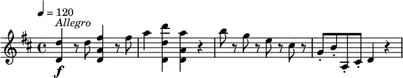 
\relative c'' {
  \version "2.18.2"
  \key d \major
  \tempo 4 = 120
  <d d,>4\f^ \markup { \italic  Allegro } r8 d <fis a, d,>4 r8 fis |
  a4 <d d, d,> <a a, d,> r |
  b8 r g r e r cis r |
  g8-. b-. a,-. cis-. d4 r |
}
