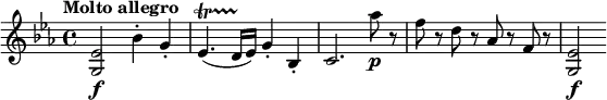 
\relative c' { \set Staff.midiInstrument = #"string ensemble 1"
  \version "2.18.2"
  \key es \major
  \tempo "Molto allegro" \set Score.tempoHideNote = ##t \tempo 4 = 144
 <g es'>2\f bes'4-. g-. es4.\startTrillSpan( d16\stopTrillSpan es) g4-. bes,-. c2. as''8\p r f r d r as r f r <g, es'>2\f
}
