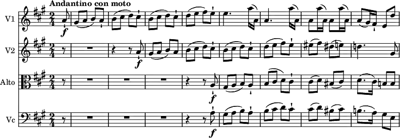 
<<
\new Staff \with { instrumentName = #"V1 "}  \relative c'' {
    \version "2.18.2"
    \clef treble
    \key a \major 
    \tempo "Andantino con moto"
    \time 2/4 
    \tempo 4 = 60
     \partial 8 a8-! \f
     gis (a b) a-!
     b (cis d) cis-!
     b (cis d) cis-!
     d (e fis) e-!
     e4. a16 (a,)
     a4. a'16 (a,)
     a8 a'16 (a,) a8 a'16 (a,)
     a8 (gis16) fis-! e8 d'
}
\new Staff \with { instrumentName = #"V2 "} \relative c'' {
  \clef treble
    \key a \major 
    \time 2/4
    \partial 8 r8 R2   r4 r8  a8-! \f
   gis (a b) a
   b (cis d) cis-!
   b (cis d) cis-!
    d (e fis) e-!
    eis (fis) dis (e!)
    d!4. gis,8
}
\new Staff \with { instrumentName = #"Alto "} \relative c'' {
    \key a \major 
    \clef alto
    \time 2/4
    \partial 8 r8 R2  R2 R2 r4 r8  a,8-! \f
     gis (a b) a-!
     b (cis d) cis-!
     cis (d) bis (cis)
     d8. (cis16) b!8 b
}
\new Staff \with { instrumentName = #"Vc "} \relative c'' {
    \key a \major 
    \clef bass
    \time 2/4
    \partial 8 r8 R2  R2 R2 r4 r8  a,8-! \f
   gis (a b) a-!
   b (cis d) cis-!
   cis (d) bis (cis)
   b!8. (a16) gis8 e
}
>>
