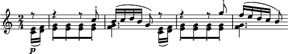 { { \key c \major \time 2/4
<< \new Voice \relative f''{
     \partial 8 \stemUp \slurUp f8\rest | f4\rest f8\rest c^.
     b16( c d b g8) f'8\rest | f4\rest f8\rest g^. | f16( e d c b8) }
   \new Voice \relative e' {
     \partial 8 \stemDown \slurDown <e c>16( \p <f d>)
     <g e>8_.[ <g e>_. <g e>_. <g e>_.] | <g f>4. <e c>16( <f d>)
     <g e>8_.[ <g e>_. <g e>_. <g e>_.] | <g f>4. } >> }
}