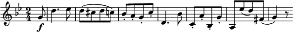  { \relative g' { \key g \minor \time 2/4
\partial 8 g8 \f | d'4. es8 | d8([ cis d c)] | bes8-.[ a-. g-. c-.] | d,4. bes'8 |
c,8-.[ a'-. bes,-. g'-.] | a,8[ es''( d) fis,(] | g4) r8 }} 