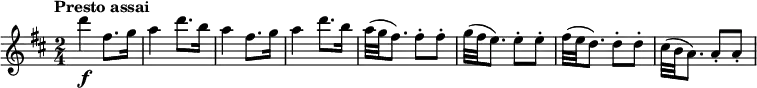 
\relative c'' {
  \version "2.18.2"
  \key d \major
  \tempo "Presto assai"
  \time 2/4
  \tempo 4 = 170
  d'4\f fis,8. g16
   a4 d8. b16
   a4 fis8. g16
   a4 d8. b16
   a32 (g fis8.) fis8-. fis-.
   g32 (fis e8.) e8-. e-.
   fis32 (e d8.) d8-. d-.
   cis32 (b a8.) a8-. a-.
  }
