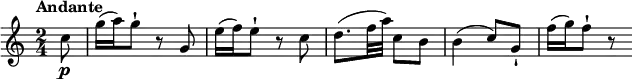 
\relative c'' {
   \version "2.18.2"
    \key c \major
    \time 2/4
    \tempo "Andante"
    \tempo 4 = 50
 \partial 4 \partial 8 c8\p g'16 (a) g8-! r8 g,8
 e'16 (f) e8-! r8 c8
 d8. (f32 a) c,8 b
 b4 (c8) g-!
 f'16 (g) f8-! r8
  }
