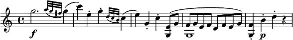  \relative g'' {
\key c \major \time 4/4
g2. \f \appoggiatura { a32 g fis } g4(
c4) e,-. g-. \appoggiatura { d32 c b } c4(
e4) g,-. c-. << \new Voice { \slurUp <e, g,>8( g | f8 g e f d f e g) }
                \new Voice { s4 | g,1 } >>
<f' g,>4-. b-. \p d-. r
} 