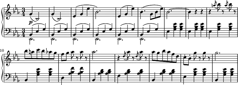 
 \relative c' {
  \new PianoStaff <<
   \new Staff { \key c \minor \time 3/4
        g'( bes,2) | g'4( bes,2) | ees4( g ees' | bes2.) | ees,4( g ees') | bes4.( g8 bes ees) | bes2.~ |\set Score.tempoHideNote = ##t \tempo "" 2. = 48 bes4 r r  r \slashedGrace a'8( bes) r \slashedGrace a( bes) r bes8 a c bes aes g f[ g] aes r aes r aes2. r4 \slashedGrace d,8( aes') r \slashedGrace d,( aes') r aes8 g bes aes f d c-.[ bes-.] g' r g r g2.
      }
   \new Dynamics {
    s\p
      }
   \new Staff { \key c \minor \time 3/4 \clef bass
    <<
      { bes,,,4( ees g) bes,( ees g) bes,( ees g) bes,( ees g) bes,( ees g) bes,( ees g)}
    \\
      { ees,2. ees ees ees ees ees }
    >>
{ ees'4 <g bes ees> <g bes ees> ees <g bes ees> <g bes ees> ees <g bes ees> <g bes ees> bes, <g' bes ees> <g bes ees> d <aes' bes f'> <aes bes f'> bes, <aes' bes d> <aes bes d> f <aes bes d> <aes bes d> bes, <aes' bes d> <aes bes d> ees <g bes ees> <g bes ees> bes, <g' bes ees> <g bes ees> }
      }
  >>
 }
