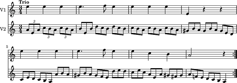 
<< \new Staff \with { instrumentName = #"V1 "}
    \relative c'' {
    \version "2.18.2"
    \key c \major 
    \tempo "Trio"
    \time 3/4
    \tempo 4 = 100
  e4 e e e4. f8 e4 e e e e, r r
  e' e e e4. f8 e4 e c b a2 r4 \bar ":|."
}
\new Staff \with { instrumentName = #"V2 "}
\relative c'' {
    \key c \major 
    \set Staff.midiMinimumVolume = #0.2 \set Staff.midiMaximumVolume = #0.5
    \tuplet 3/2 {a8 e a} \tuplet 3/2 {c b a} \tuplet 3/2 {c b a}
    \scaleDurations 2/3 {b e, b'}  \scaleDurations 2/3 {d c  b}  \scaleDurations 2/3 {d c  b}
    \repeat unfold 3 {  \scaleDurations 2/3 { c  b a}}
    \scaleDurations 2/3 {gis b a}  \scaleDurations 2/3 {gis b a}  \scaleDurations 2/3 {gis e d}
    \scaleDurations 2/3 {c e d}  \scaleDurations 2/3 {c b a}  \scaleDurations 2/3 {a' b a}
    \scaleDurations 2/3 {gis b a}  \scaleDurations 2/3 {gis f e}  \scaleDurations 2/3 {d' e d}
    \scaleDurations 2/3 {c e c}  \scaleDurations 2/3 {a e a}  \scaleDurations 2/3 {gis fis gis}
    \scaleDurations 2/3 {a f! e}  \scaleDurations 2/3 {d c b} a4 \bar ":|."
 }
>>
