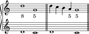 
\new PianoStaff <<
   \new Staff <<
    \set Score.tempoHideNote = ##t
    \time 2/1
    \tempo 2 = 80
    \override Staff.TimeSignature.transparent = ##t
            \relative c'' { d1 g, \bar "||" d'4 c b a g1 \bar "||" }
              \addlyrics { "8" "5" _ _ _ "5" "5" }
          >>

    \new Staff <<
           \override Staff.TimeSignature.transparent = ##t
              \relative c' { d1 c d c }
     >>
 >>
