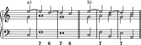 
\new PianoStaff <<
<< % wegen Generalbass
   \new Staff <<
    \set Score.tempoHideNote = ##t
    \tempo 4 = 160
    \override Staff.TimeSignature.transparent = ##t
     <<
     \new Voice = "first"
       \relative c''
         { \voiceOne s2 e^"a)" ~ e d ~ d c \bar "||" s e^"b)" ~ e d ~ d c \bar "||" }
     \new Voice = "second"
       \relative c''
         { \voiceTwo s2 g a1 g s2 g a b g a }
     >>

     >>

    \new Staff <<
           \override Staff.TimeSignature.transparent = ##t
              \clef "bass"
              \relative c { s2 c f1 e s2 c f b, e a, }
     >>
 >>
  \new FiguredBass {
    \figuremode { <_>1 <7>2 <6> <7> <6> <_>1 <7>2 <_> <7> }
   }

>> % wegen Generalbass
