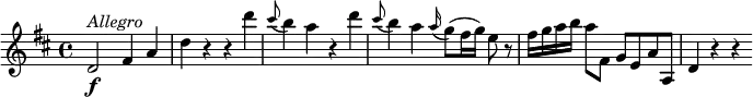 
\relative c' {
  \key d \major
  d2\f^\markup { \italic Allegro } fis4 a |
  d4 r r d' |
  \grace cis8 (b4) a r d |
  \grace cis8 (b4) a \grace a16 (g8) (fis16 g) e8 r |
  fis16 g a b a8 fis, g[ e a a,]
  d4 r4 r4
}
