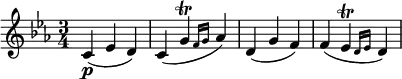  \relative c' {
\key c \minor \time 3/4
c4( \p es d) | c4( \afterGrace g' \trill { f16 g } as4)
d,4( g f) | f4( \afterGrace es \trill { d16 es } d4)
} 