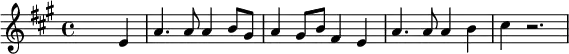 {\set Staff.midiInstrument = #"electric piano 2" \key a \major \skip2. e'4 a'4. a'8 a'4 b'8 gis'8 a'4 gis'8 b'8 fis'4 e'4 a'4. a'8 a'4 b'4 cis''4 r2.}