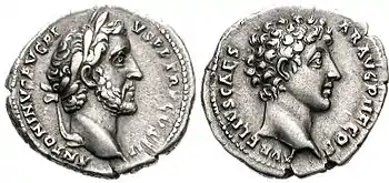 Münze von Antoninus Pius und Marcus Aurelius aus dem Jahr 140