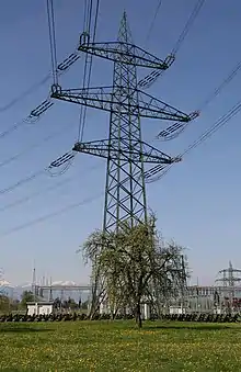 Bündelleiter (Vierer-Bündel) auf einem Hochspannungsmast für 380 kV, im europäischen Verbundsystem