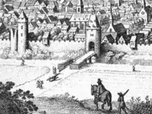 Hölzerne Wehrerker auf der Stadtmauer von Aachen, Merian 1647