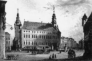 Das von Couven umgestaltete Rathaus und der Markt, Stahlstich von Henry Winkles, um 1840