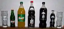 Verschiedene alte Flaschenformen von afri-cola und Bluna-Limonade. Eingerahmt von afri-cola-Gläsern mit der typischen Taille