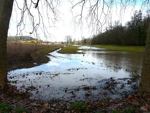 Winterhochwasser am Ruisseau l’Alemps, im Hintergrund der Ortskern