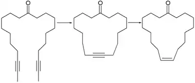 Synthese von Zibeton. 1: Alkinmetathese, 2: Reduktion am Lindlar-Katalysator