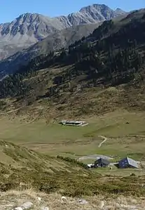 Blick aus dem inneren Tamangur Blick Richtung Nordosten zu Piz Sesvenna und Piz Plazèr (links).