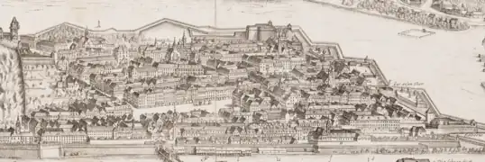 Die Grazer Innenstadt 1699, Blick Richtung Osten. Unten, mittig rechts, direkt am Flussufer, das Karmelitinnenkloster mit Fischplatz und Bastei.