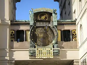 Die Ankeruhr aus dem Jugendstil, die an der nordöstlichen Abzweigung vom Hohen Markt den Bauernmarkt überspannt, ist eine bekannte Touristenattraktion