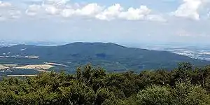 Anninger, vom Hohen Lindkogel (aus Südwest) gesehen gegen das Wiener Becken, links im Hintergrund ist Wien zu erkennen.