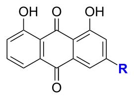 Für R = CH3 handelt es sich um Chrysophanol, R = CH2OH ist Aloe emodin und R = COOH ist Rhein.