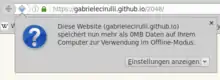 Unterhalb der Adresszeile ist ein Dialog eingeblendet mit: "Diese Website (gabrielecirulli.github.io) speichert nun mehr als 0MB Daten auf ihrem Computer zur Verwendung im Offline-Modus."