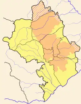 Republik Arzach von 1994 bis 2020orange: Bergkarabach, wie es sich 1991 für unabhängig erklärt hatgelb: Andere besetzte Gebiete Aserbaidschansgelb-orange schraffiert: Von Bergkarabach beanspruchte Gebiete unter aserbaidschanischer Kontrolle