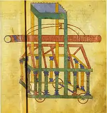 Athenaios, Peri mechanematon: Abbildung eines Rammbocks mit aufgehängtem Rammsporn in der Handschrift Paris, Bibliothèque Nationale, Graec. 2442, fol. 59v (11./12. Jahrhundert)