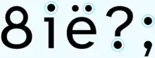 Die Schriftzeichen "8ië?;", mit Einkreisung aller Punkte.