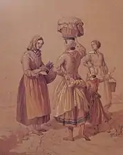 Frauen beim Transport von Lebensmitteln, Trachtenskizze von August Migette, 1866