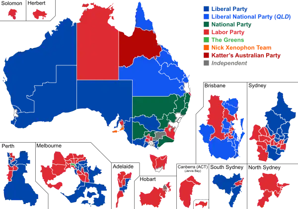 Mehrheiten in den Wahlkreisen (Repräsentantenhaus):﻿Liberals, ﻿Nationals, ﻿Labor, ﻿Unabhängige und andere Parteien, ﻿Australian Greens