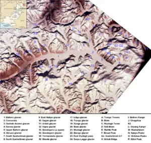 Satellitenbild, Sarpo-Laggo-Gletscher oben links