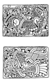 Zwei der im Mammen-Stil verzierten Felder des Schreins von Bamberg. Oben ein Löwe mit rückwärts gewandtem Kopf, unten ein Adler (Schnabel oben links, Flügel oben rechts, Schwanz unten rechts, Klaue unten links). Alles eingebettet in Rankengeflechte.