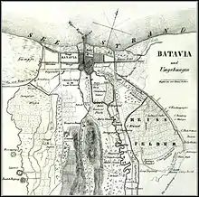 Stadtplan von Batavia, veröffentlicht im Jahr 1846. – Das Hospital, etwas rechts von der Mitte der Karte, war Junghuhns erster Arbeitsplatz.