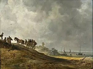 Jan van Goyen: Strandbild (Strandgezicht met paard en wagen, op het duin praat een vrouw met twee rustende reizigers), 1638