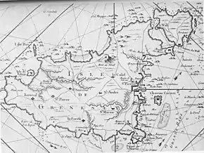 Die französische Karte von 1757 zeigt die Burg mit Insel als Chateau Cornet, die Stadt als St. Pierre und die Hauptinsel als Isle de Grenesey.