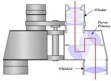 Schematischer Querschnitt durch ein Porroprismen-Fernglas