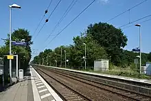 Zwei Gleise ohne Züge mit menschenleeren Bahnsteigen ohne Überdachung an den Rändern. Bäume hinter den Bahnsteigen