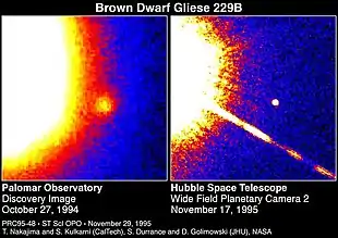 links: Entdeckung von GJ 229 B am Palomar-Observatoriumrechts: Aufnahme des Hubble Space Telescope (NASA)