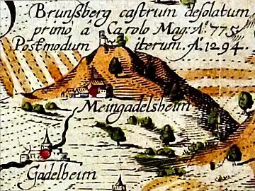 Brunsberg castrum mit Godelheim und Maygadessen aus der Karte der Fürstabtei Corvey um 1620