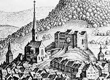 Die Laufenburg (rechts) um 1654